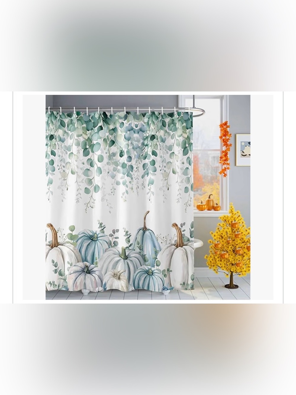 JasmineM Green & White Pumpkin Fabric Shower Curtain and Hook Set 72”x72”